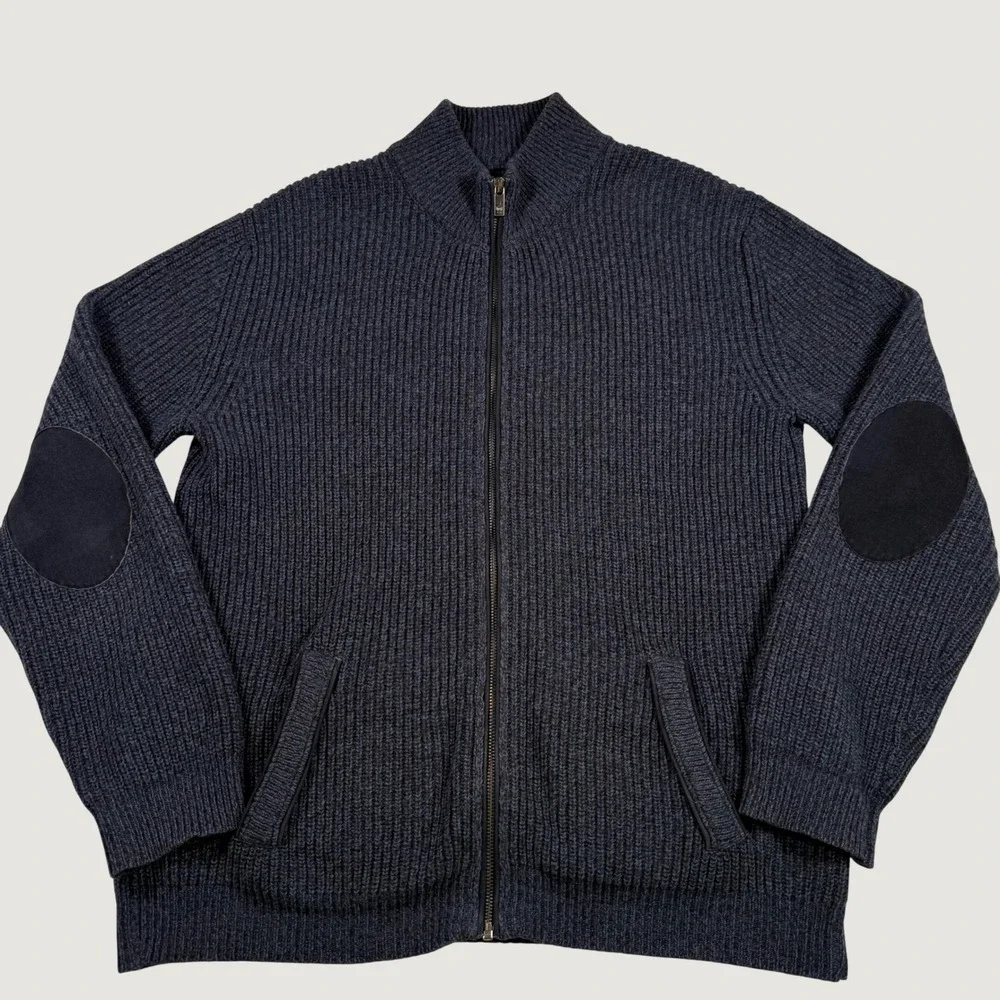 Massimo Dutti Mens Wool Yak Blend Full Zip Ribbed Cardigan Navy Blue Marl XL